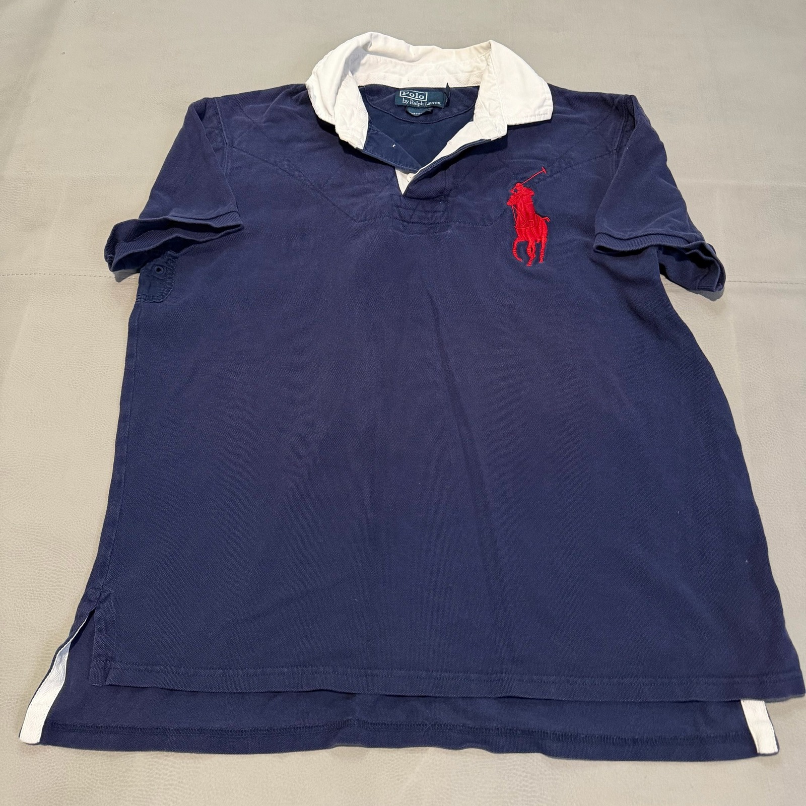 Vtg Polo Ralph Lauren Big Pony Rugby Shirt Men Xl Custom Fit Navy Navy-6242